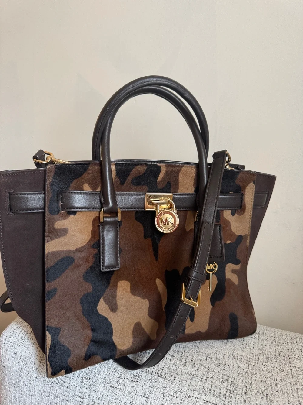 Michael Kors Camo Leather & Haircalf Satchel - Brown/Black